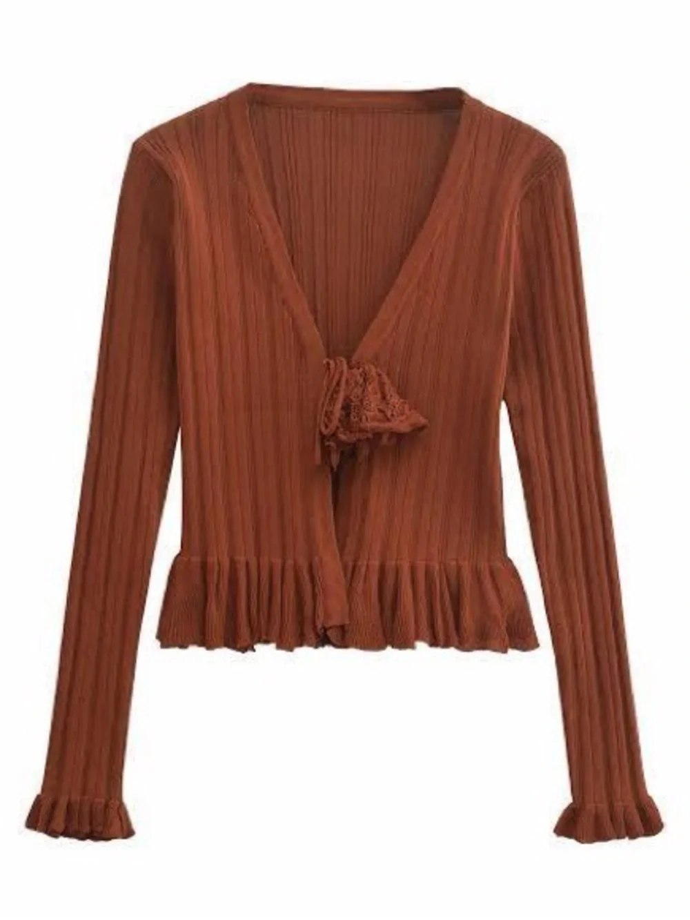 Zara Brown Ribbed Tie-Front Ruffle Cardigan
